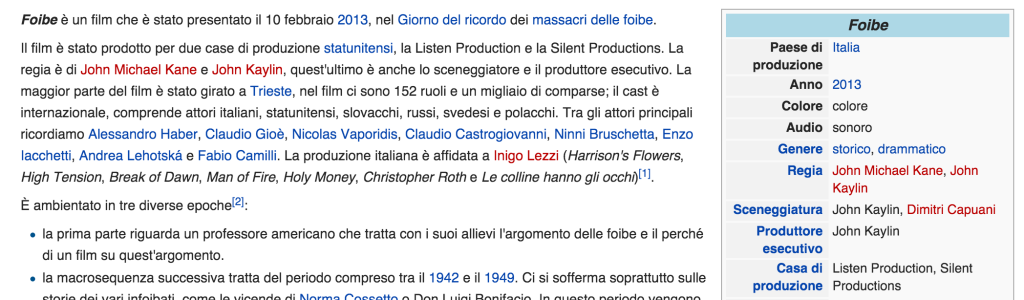 Screenshot della voce Foibe (film). Catturato in data 31/01/2016. La pagina è stata pubblicata il 23 gennaio 2013 da un utente anonimo con l’IP 79.46.248.247. Clicca per ingrandire. Qui la copia della voce salvata su Wayback Machine.